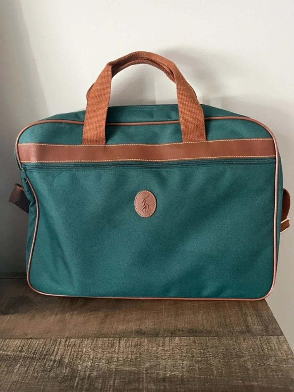 VTG Polo Ralph Lauren 2pc Travel Bag Set Green Canvas Duffle Messenger Pony Logo